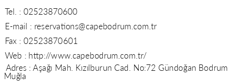 Cape Bodrum Beach Resort telefon numaralar, faks, e-mail, posta adresi ve iletiim bilgileri